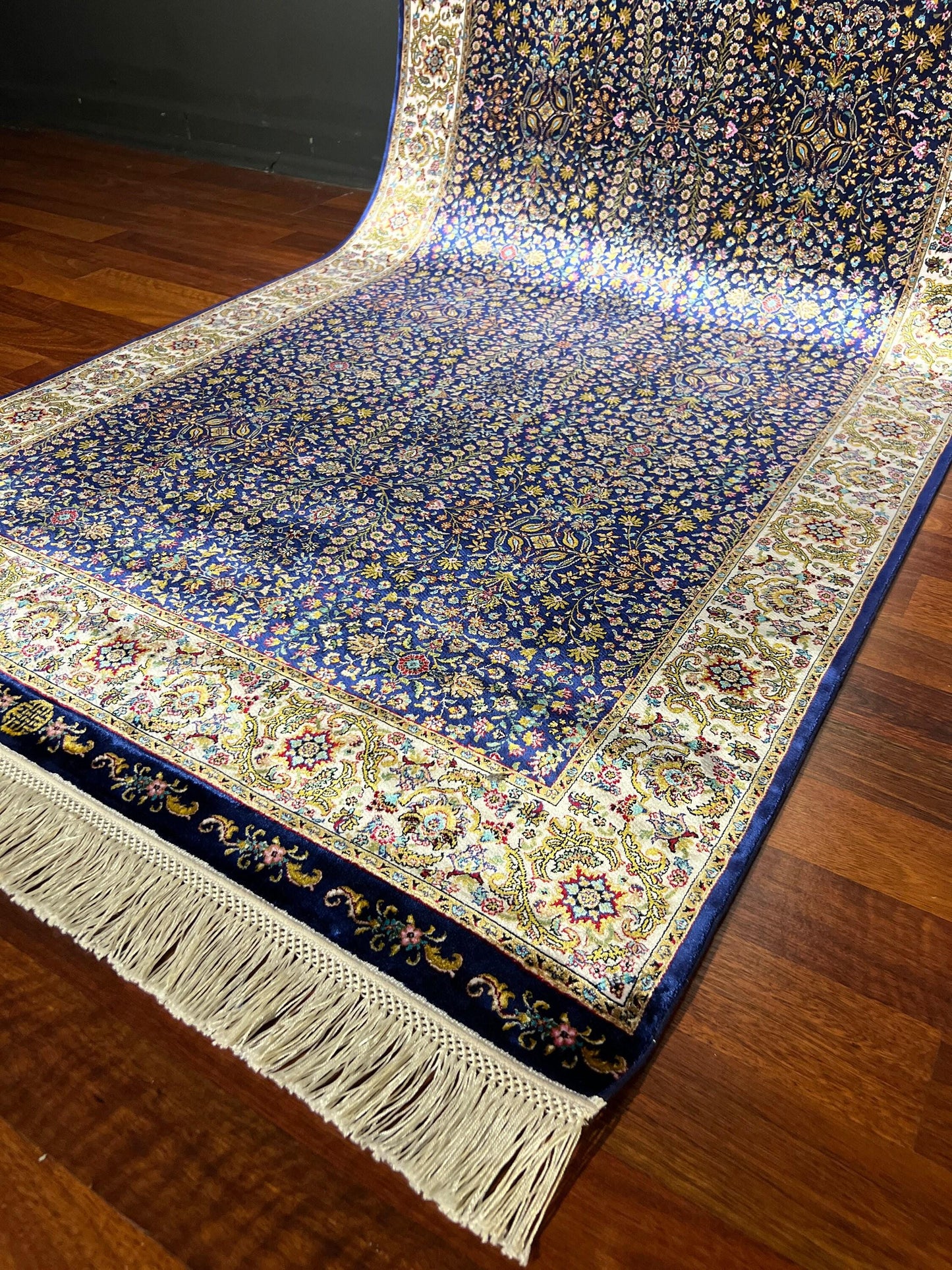 3x10 Blue Silk Runner Rug, Turkish Area Rug, Oriental Hallway Rug