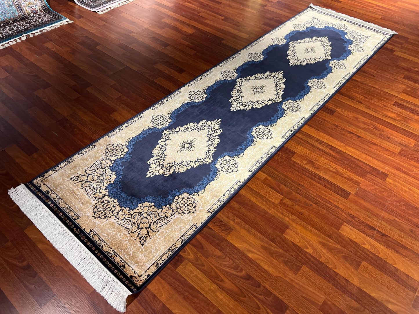 3x10 Blue Silk Runner Rug, Turkish Area Rug, Gold Hallway Carpet