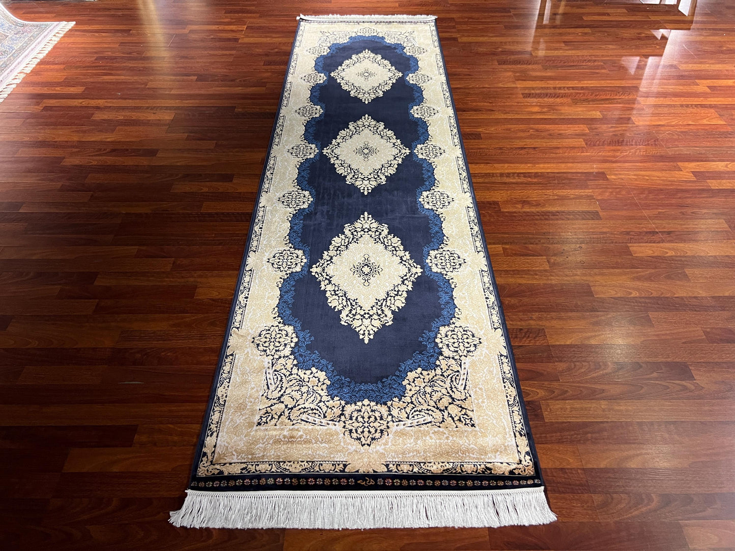 3x10 Blue Silk Runner Rug, Turkish Area Rug, Gold Hallway Carpet