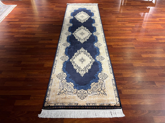 3x10 Blue Silk Runner Rug, Turkish Area Rug, Gold Hallway Carpet