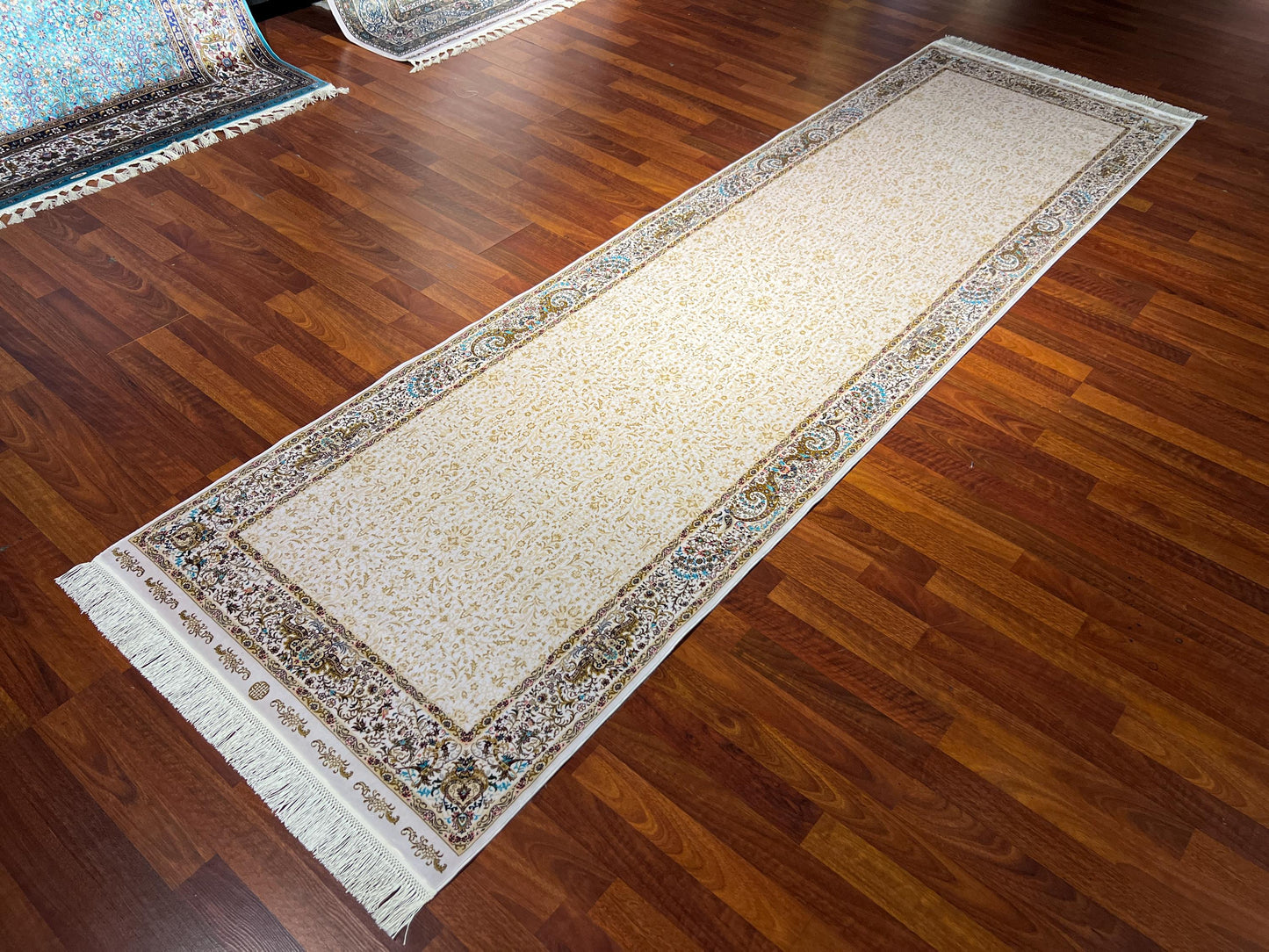 3x10 Gold Brown Silk Runner Rug, Turkish Area Rug, Neutral Hallway Carpet