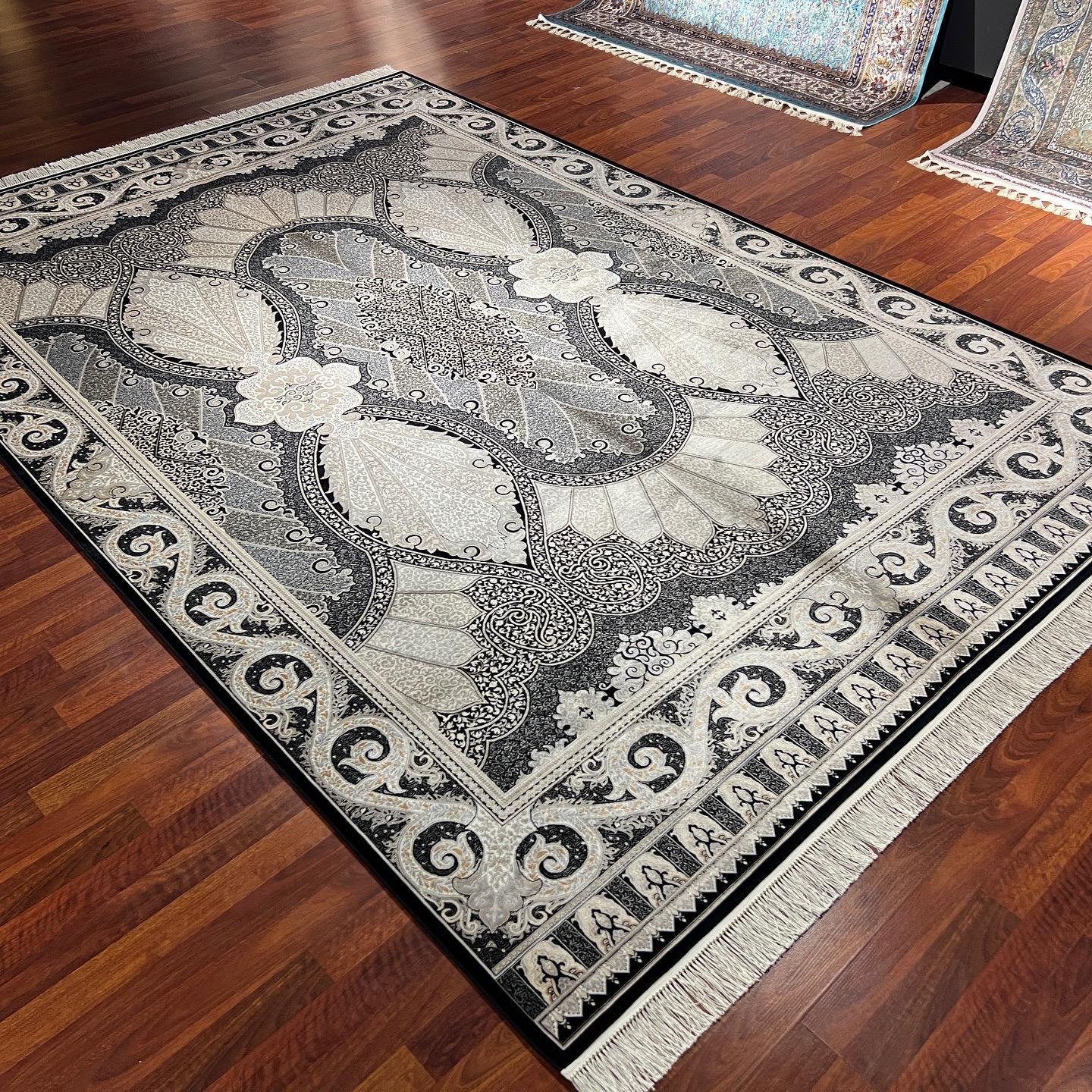 7x10 ft Black White Silk Rug, Bold Medallion Luxury Area Rug, Classic Statement Living Room Carpet