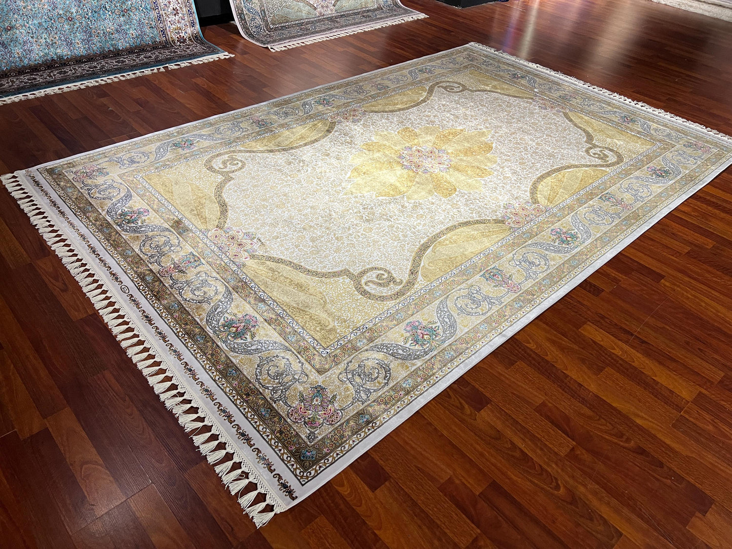 7x10 ft Gold Silk Rug, Classic Medallion Luxury Area Rug, Elegant Palace Style Living Room Carpet