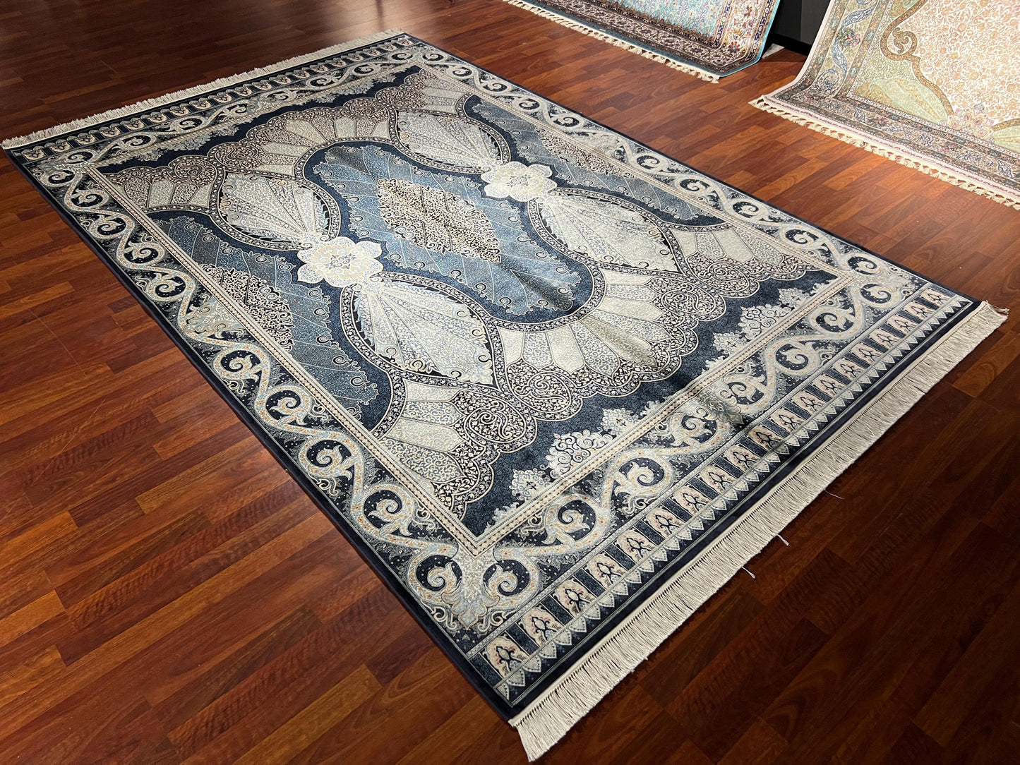 7x10 ft Blue Beige Silk Rug, Elegant Classic Medallion Area Rug, Luxury Living Room Carpet