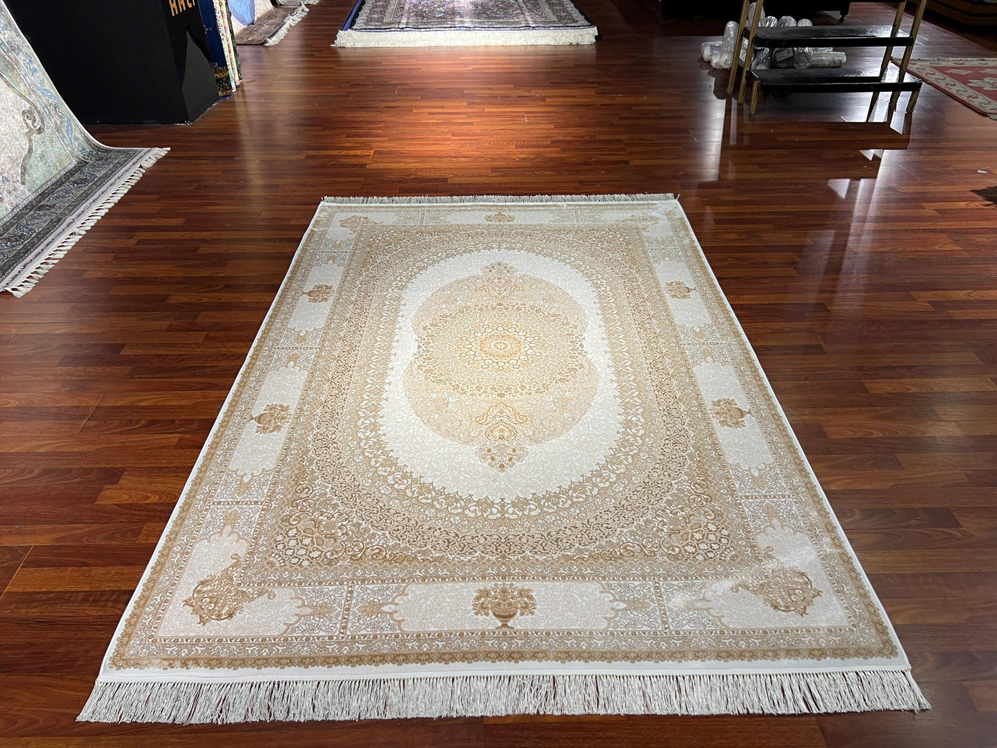 7x10 ft Beige Silk Rug, Elegant Classic Medallion Area Rug, Luxury Neutral Living Room Carpet