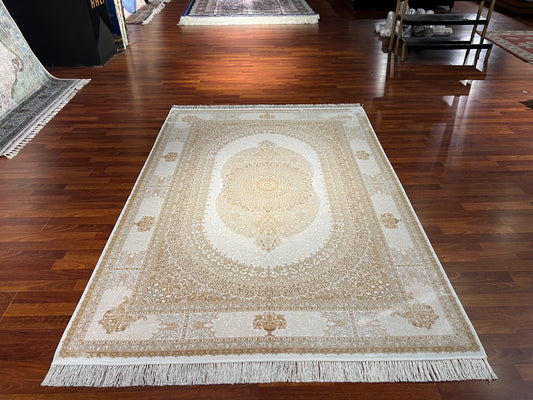7x10 ft Beige Silk Rug, Elegant Classic Medallion Area Rug, Luxury Neutral Living Room Carpet