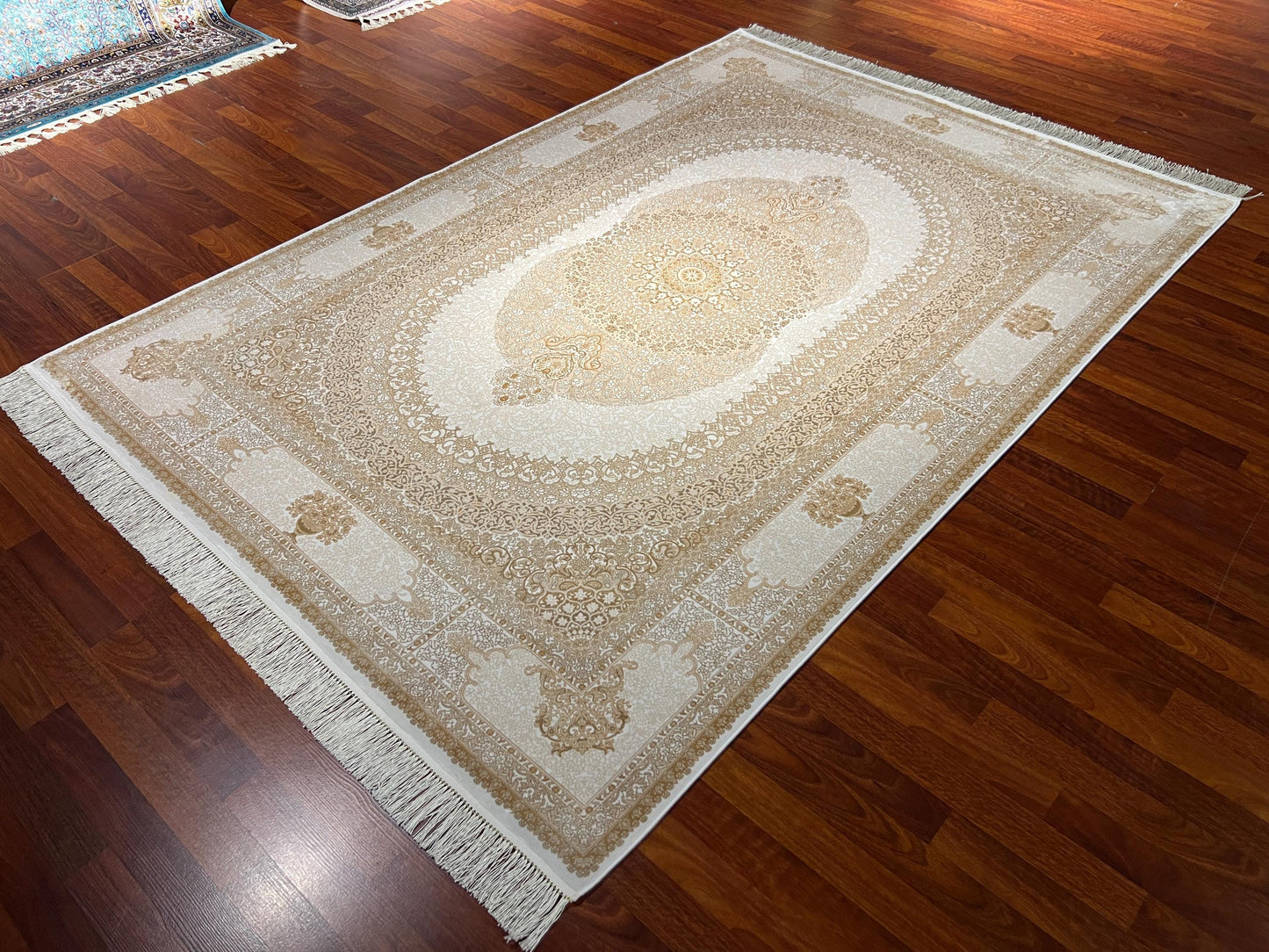 7x10 ft Beige Silk Rug, Elegant Classic Medallion Area Rug, Luxury Neutral Living Room Carpet
