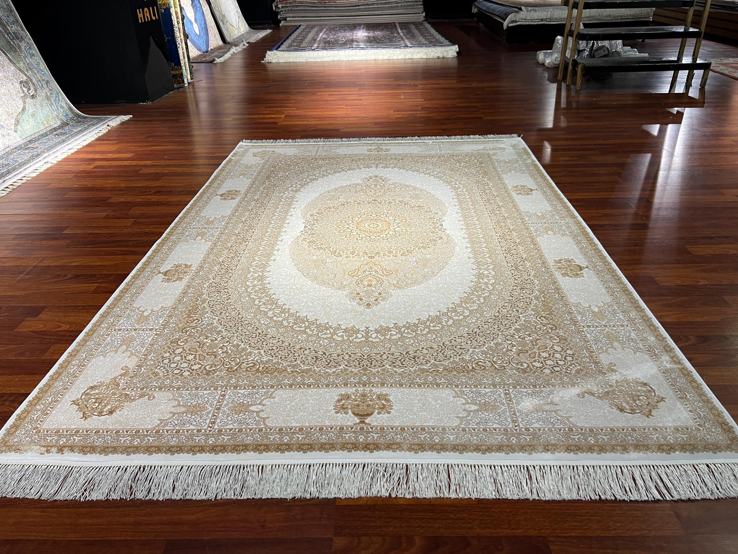 7x10 ft Beige Silk Rug, Elegant Classic Medallion Area Rug, Luxury Neutral Living Room Carpet