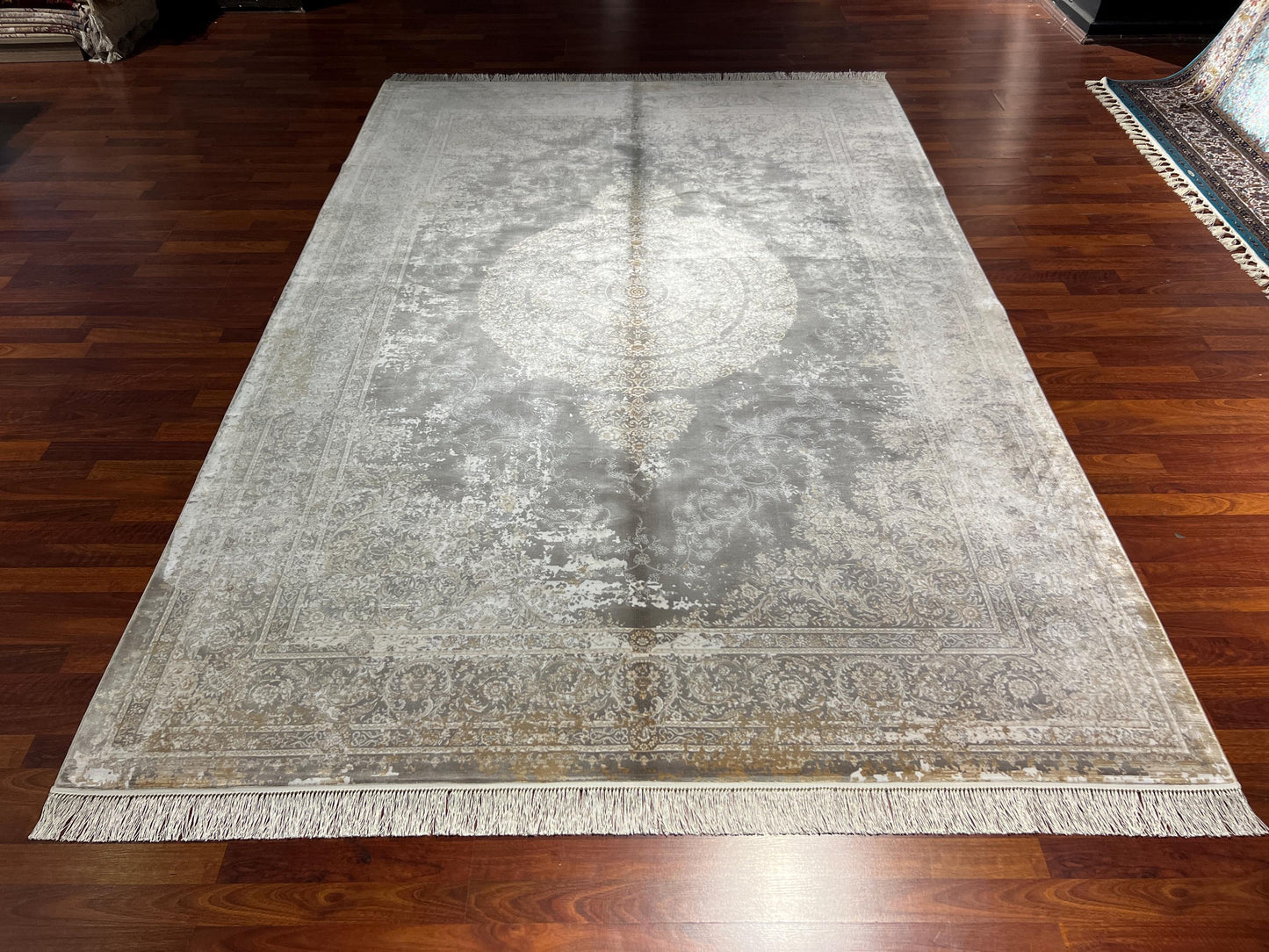 7x10 ft Gold Beige Silk Rug, Distressed Medallion Luxury Area Rug, Elegant Vintage Style Living Room Carpet