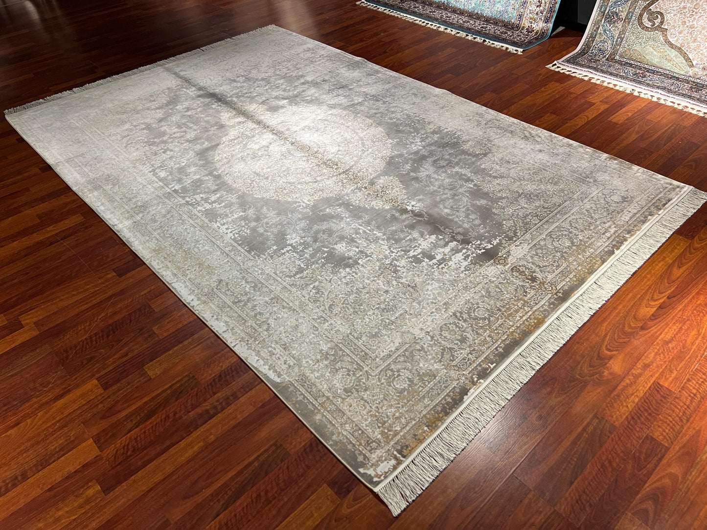 7x10 ft Gold Beige Silk Rug, Distressed Medallion Luxury Area Rug, Elegant Vintage Style Living Room Carpet