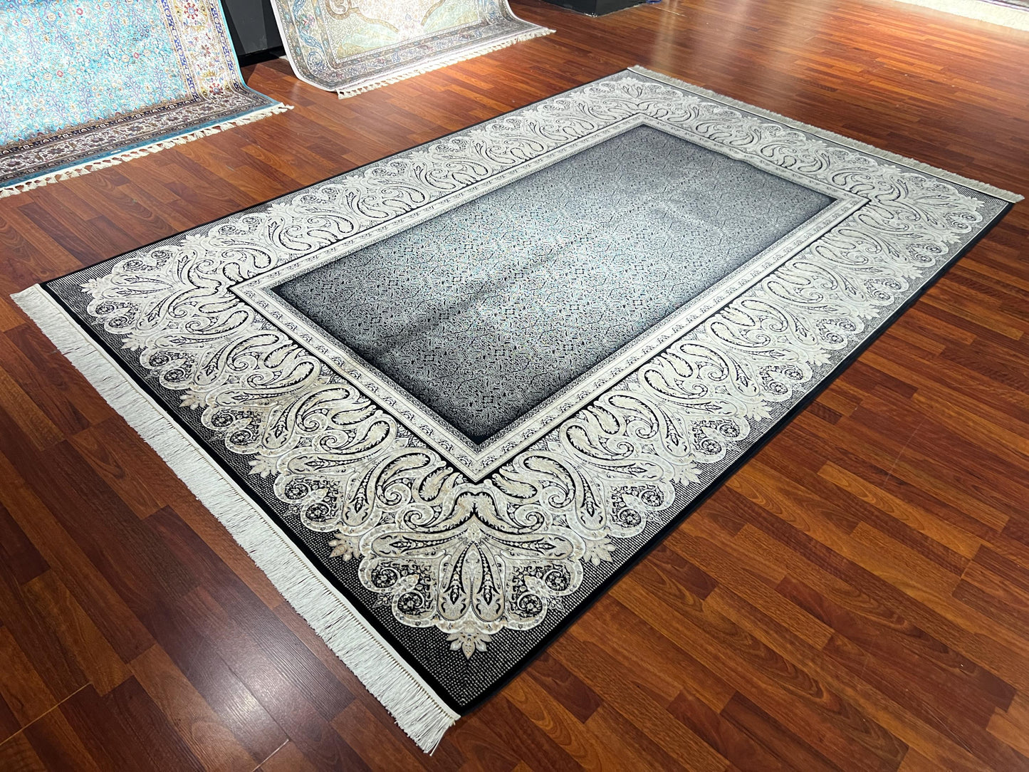 7x10 ft Black Gray Silk Rug, Luxury Border Design Area Rug, Elegant Statement Living Room Carpet