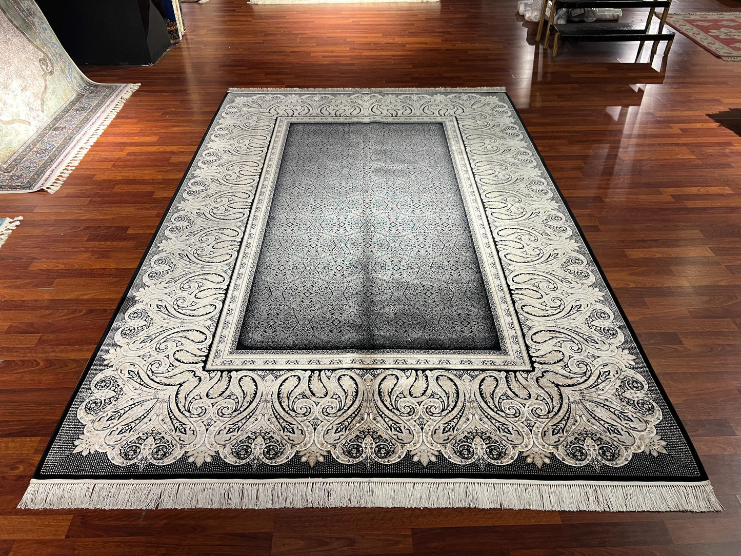7x10 ft Black Gray Silk Rug, Luxury Border Design Area Rug, Elegant Statement Living Room Carpet
