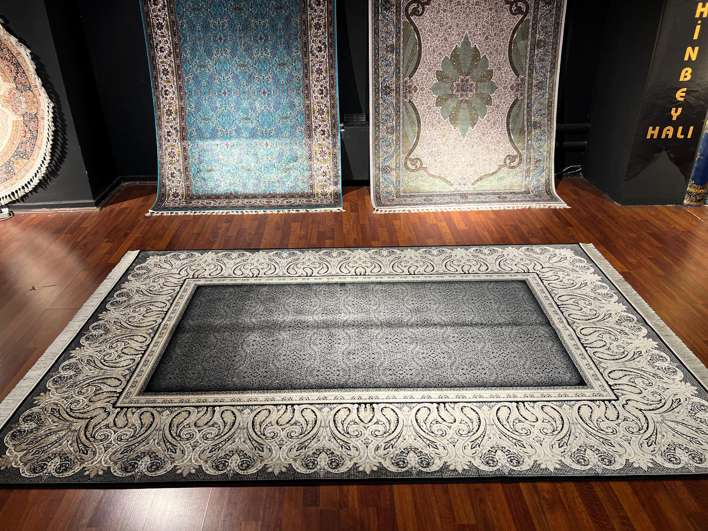7x10 ft Black Gray Silk Rug, Luxury Border Design Area Rug, Elegant Statement Living Room Carpet