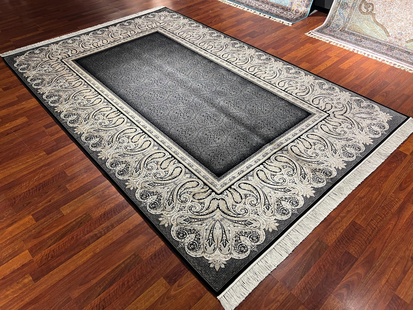 7x10 ft Black Gray Silk Rug, Luxury Border Design Area Rug, Elegant Statement Living Room Carpet