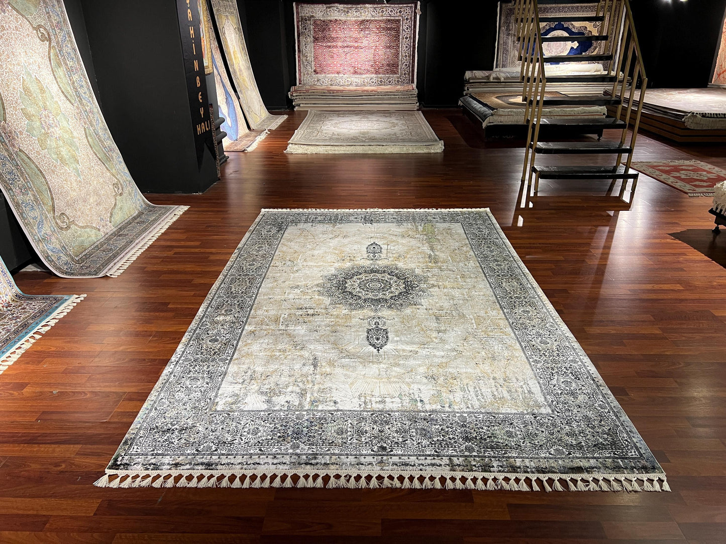 7x10 Beige Gray Modal Rug, Medallion Pattern Area Rug, Luxury Bamboo Silk Look Rug, Modern Living Room Rug, Soft Fringe Carpet