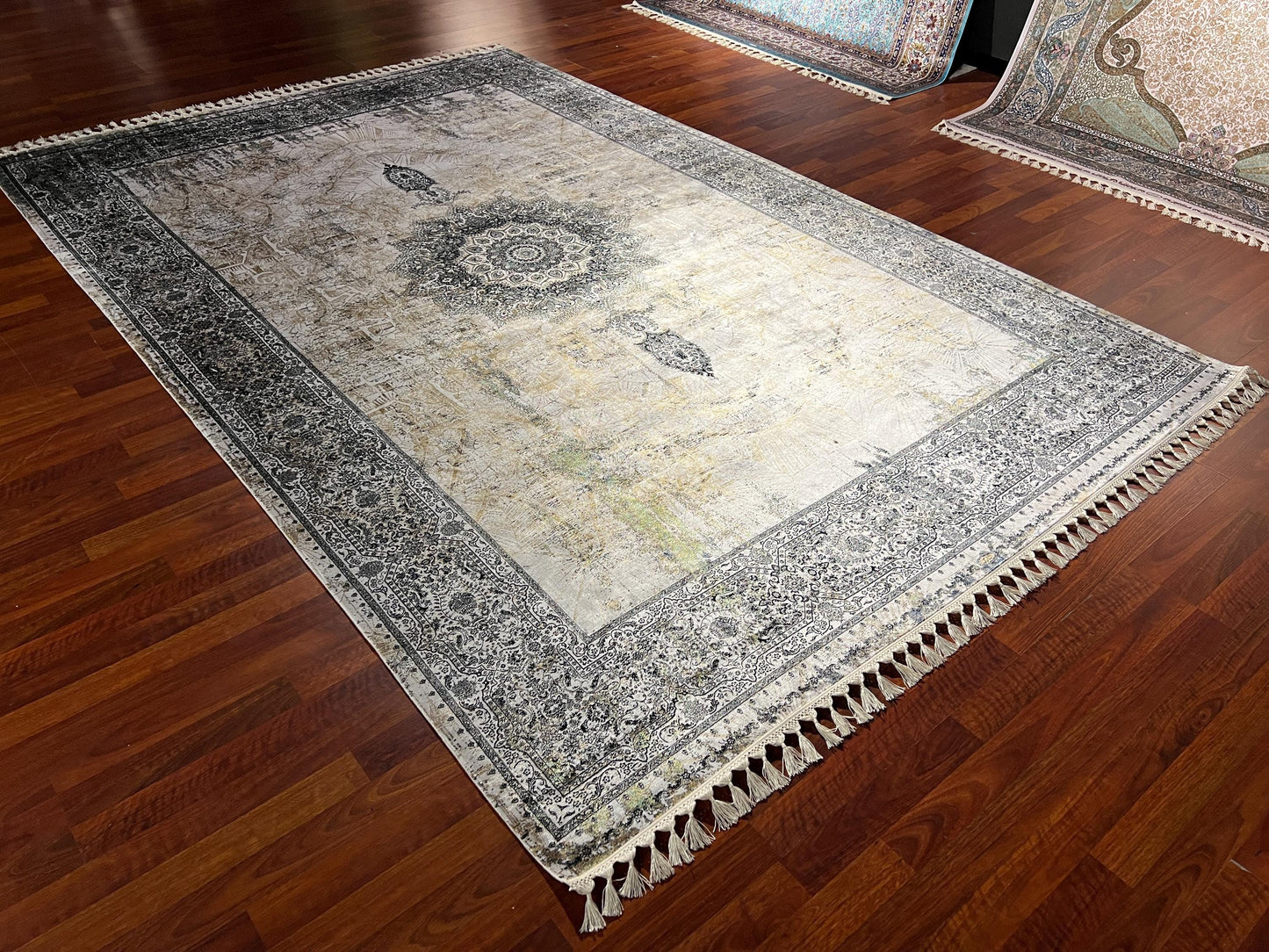 7x10 Beige Gray Modal Rug, Medallion Pattern Area Rug, Luxury Bamboo Silk Look Rug, Modern Living Room Rug, Soft Fringe Carpet