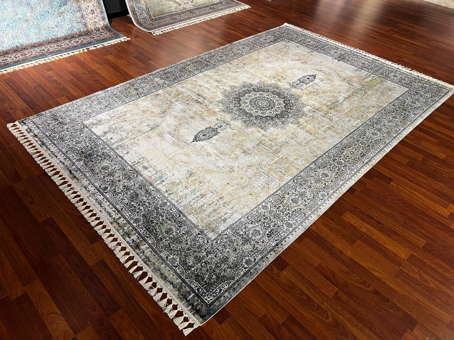 7x10 Beige Gray Modal Rug, Medallion Pattern Area Rug, Luxury Bamboo Silk Look Rug, Modern Living Room Rug, Soft Fringe Carpet
