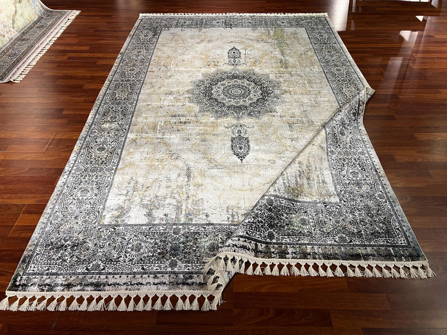7x10 Beige Gray Modal Rug, Medallion Pattern Area Rug, Luxury Bamboo Silk Look Rug, Modern Living Room Rug, Soft Fringe Carpet