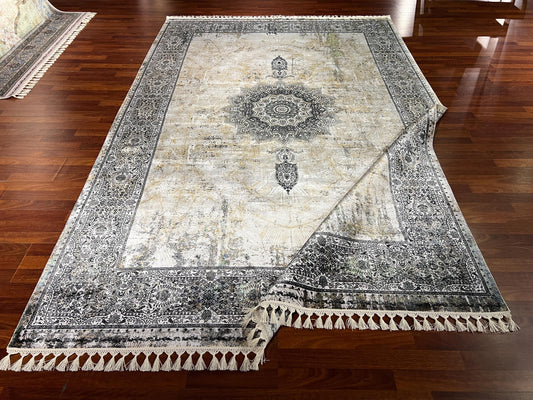 7x10 Beige Gray Modal Rug, Medallion Pattern Area Rug, Luxury Bamboo Silk Look Rug, Modern Living Room Rug, Soft Fringe Carpet