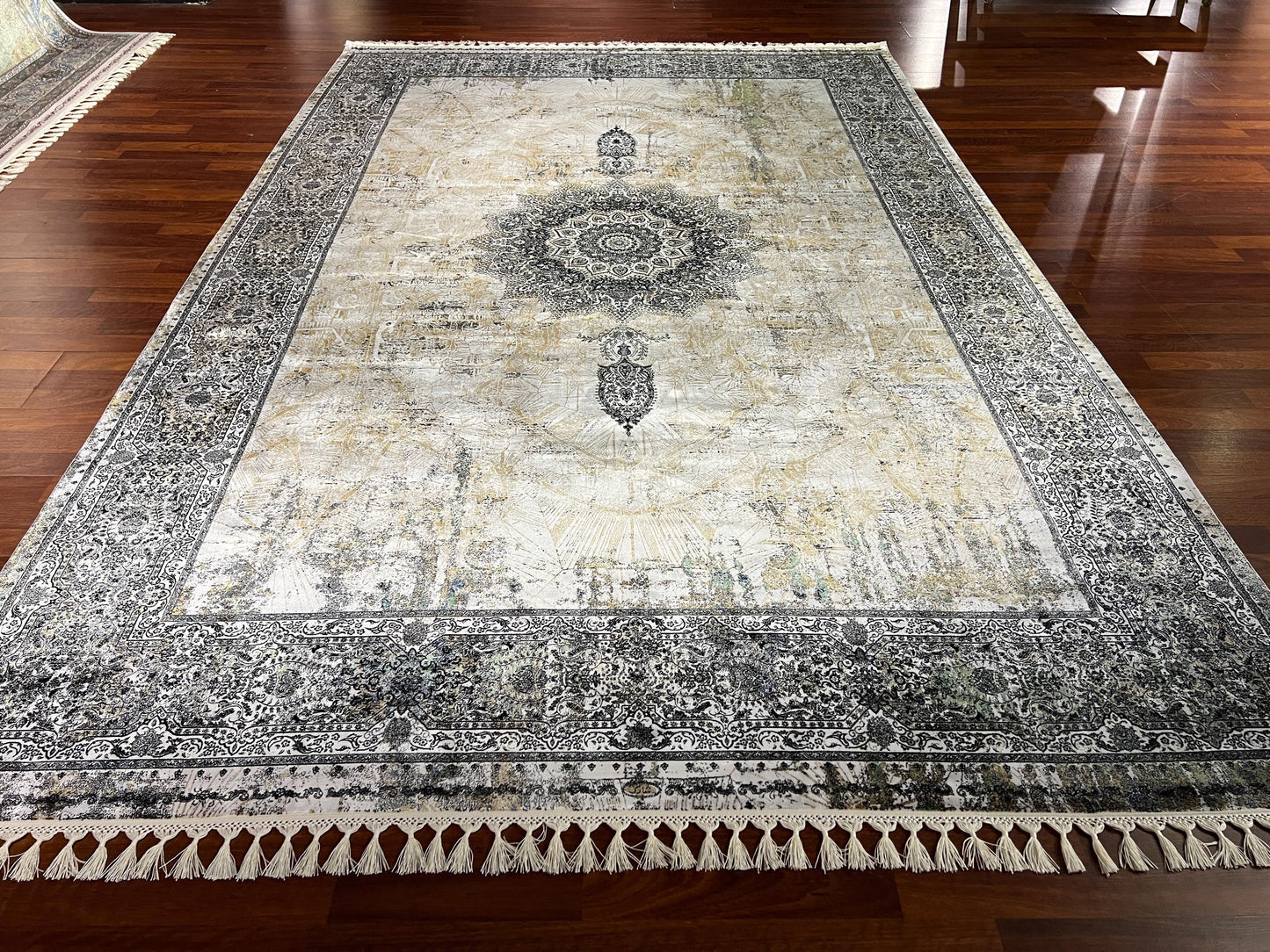 7x10 Beige Gray Modal Rug, Medallion Pattern Area Rug, Luxury Bamboo Silk Look Rug, Modern Living Room Rug, Soft Fringe Carpet