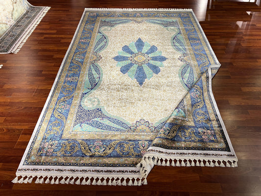 7x10 Blue Beige Silk Rug, Floral Medallion Area Rug, Luxury Soft Silk Carpet, Elegant Living Room Rug, Fringe Classic Rug