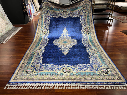 7x10 Royal Blue Silk Rug, Floral Medallion Luxury Area Rug, Elegant Classic Silk Carpet, Soft Premium Living Room Rug
