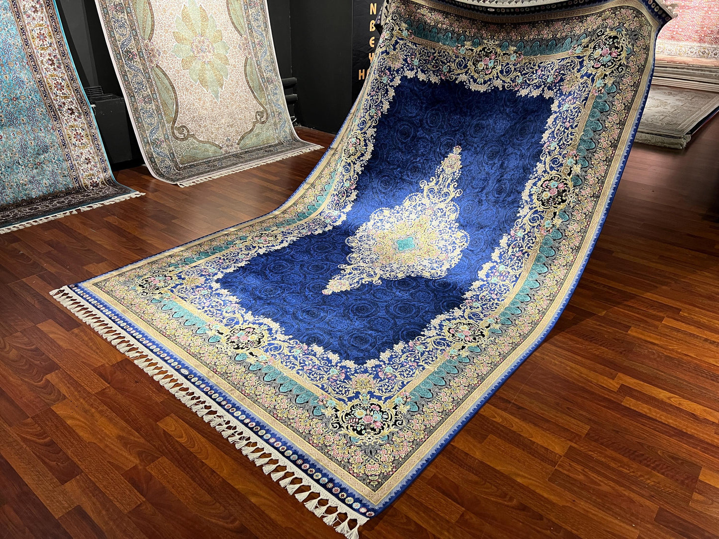 7x10 Royal Blue Silk Rug, Floral Medallion Luxury Area Rug, Elegant Classic Silk Carpet, Soft Premium Living Room Rug