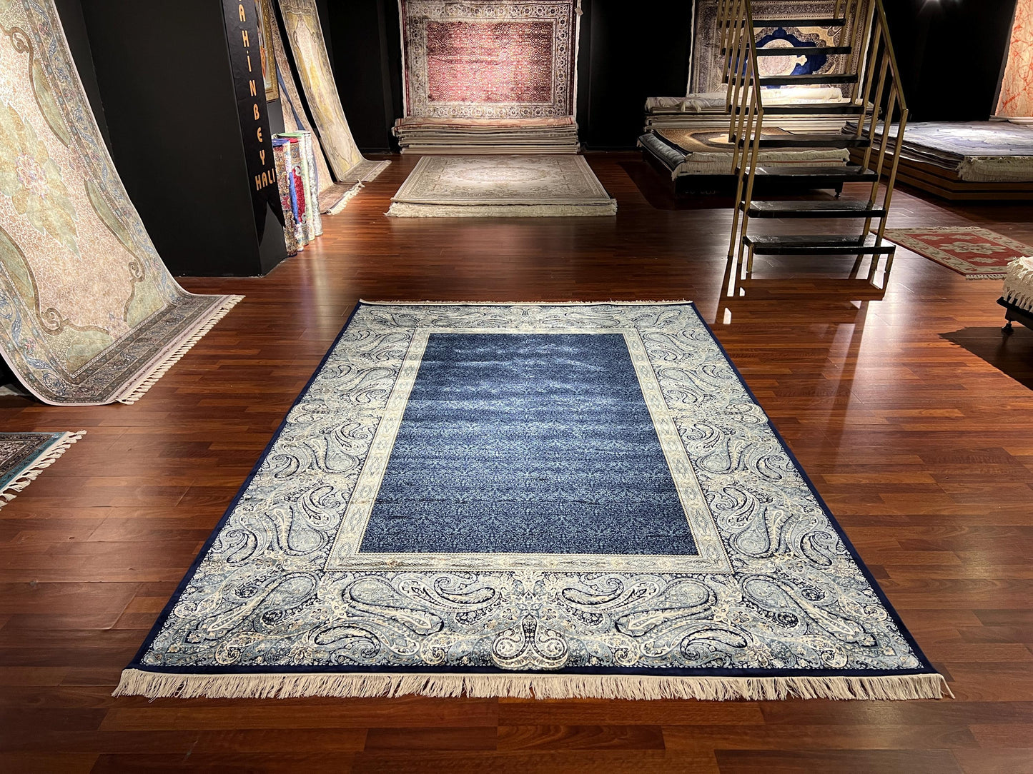 7x10 Navy Blue Silk Rug, Elegant Border Pattern Area Rug, Luxury Soft Silk Carpet, Classic Living Room Rug