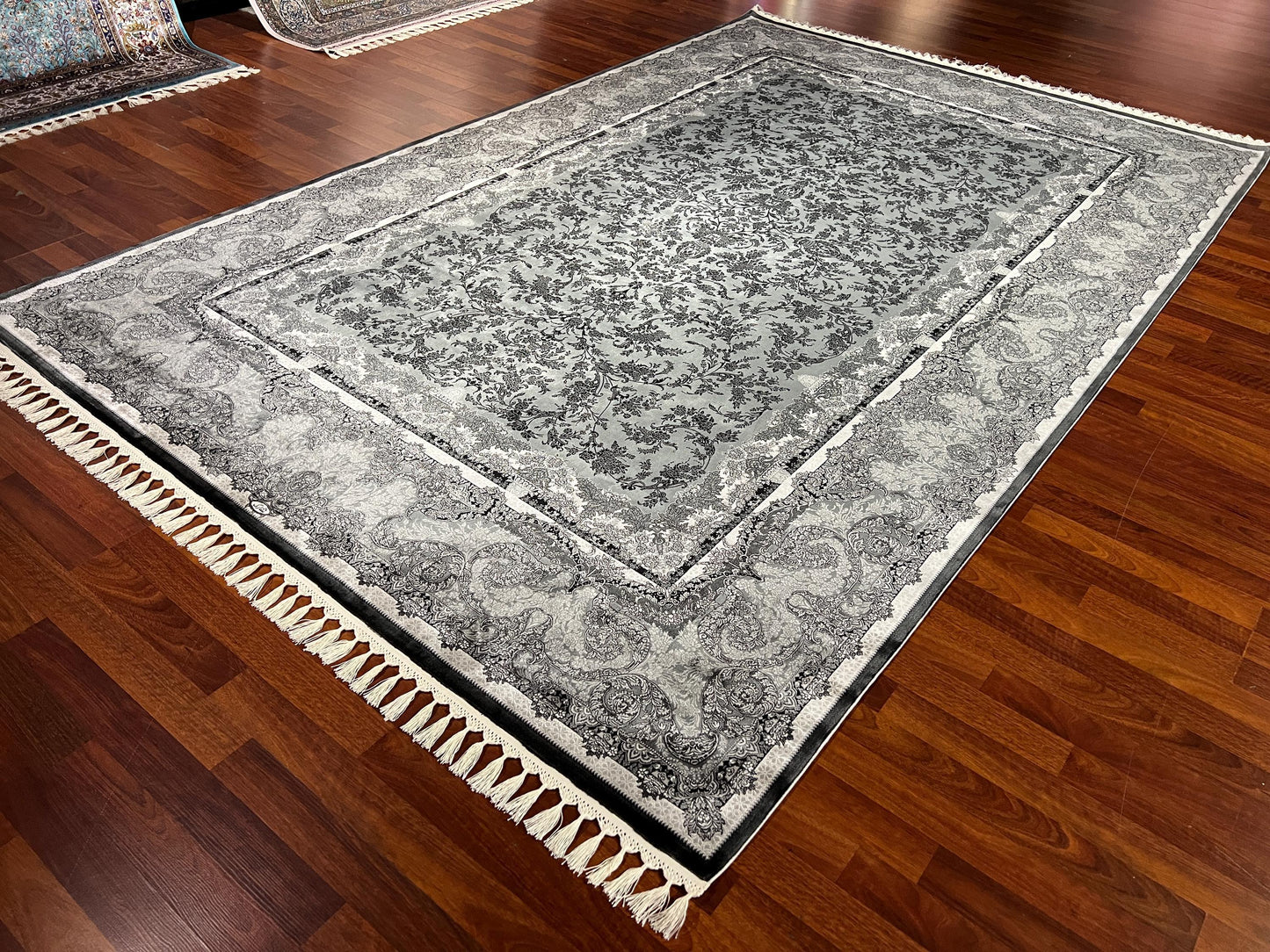 7x10 Gray Silk Rug, Elegant Floral Pattern Area Rug, Luxury Soft Silk Carpet, Modern Classic Living Room Rug