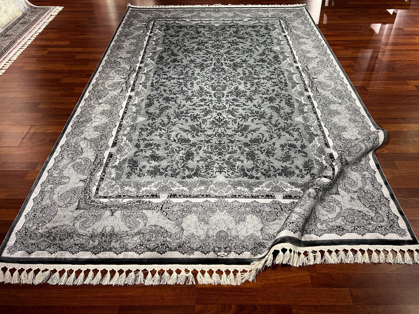 7x10 Gray Silk Rug, Elegant Floral Pattern Area Rug, Luxury Soft Silk Carpet, Modern Classic Living Room Rug