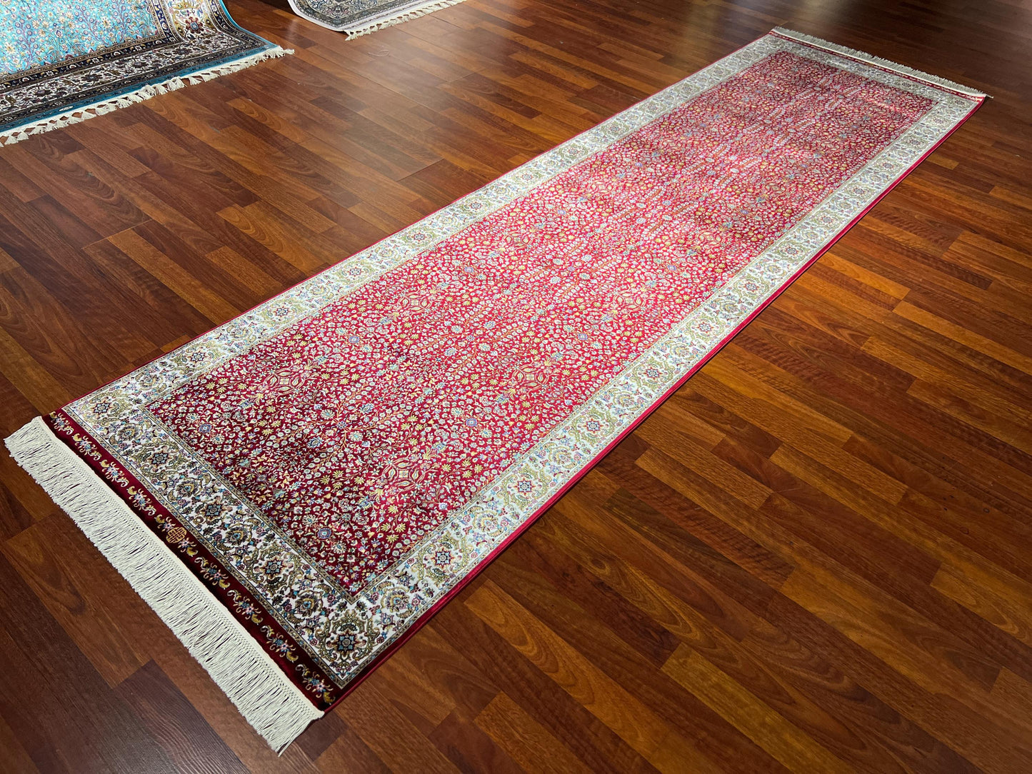 3x10 Red Silk Runner Rug, Turkish Area Rug, Floral Oriental Hallway Rug, Luxury Carpet