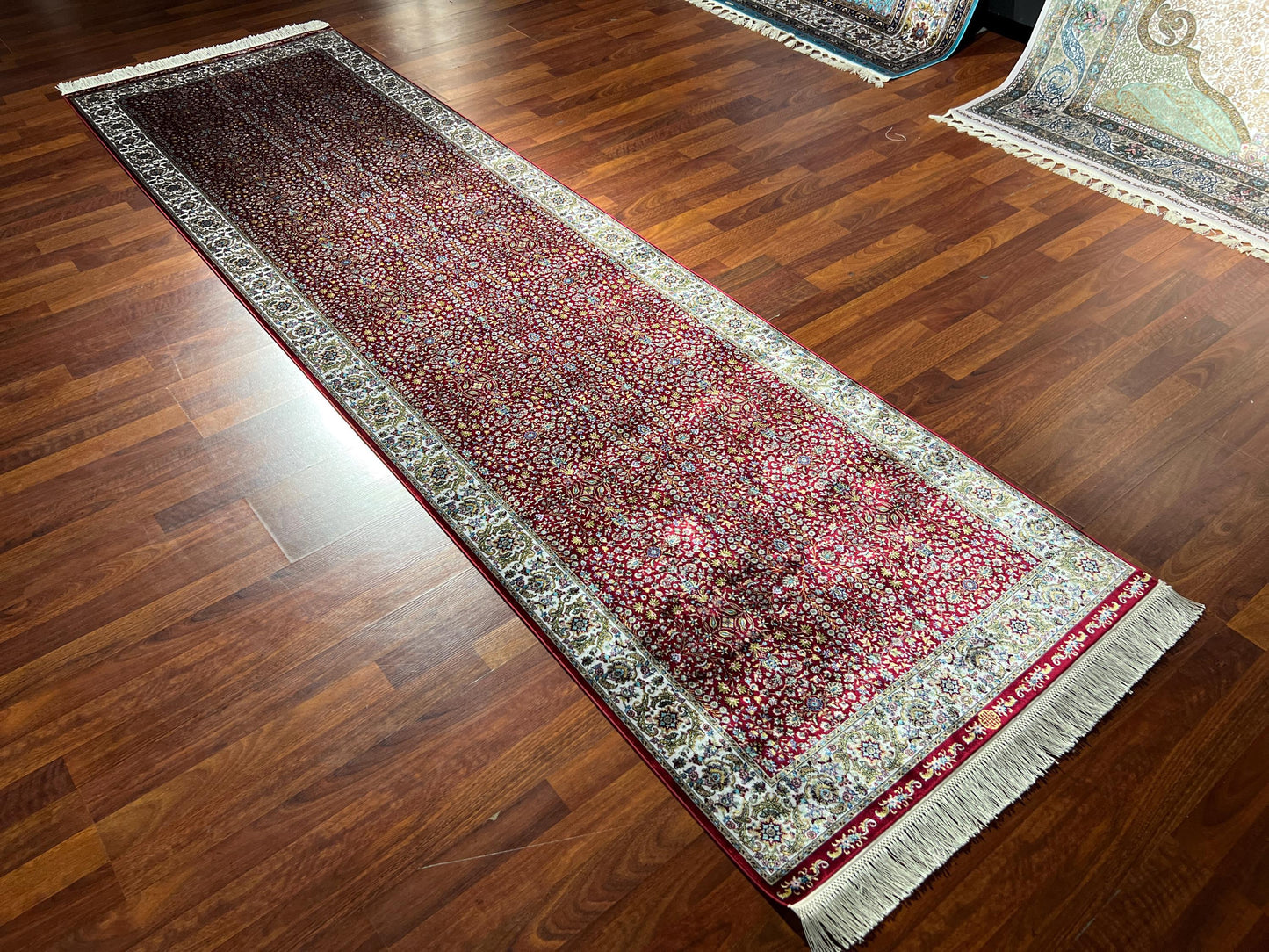 3x10 Red Silk Runner Rug, Turkish Area Rug, Floral Oriental Hallway Rug, Luxury Carpet