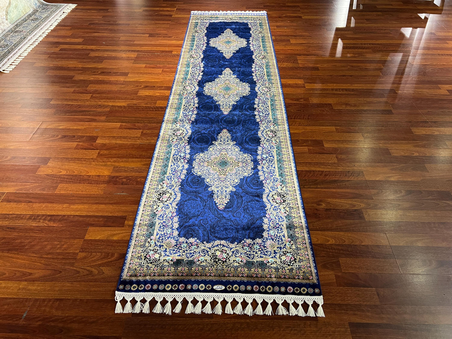 2.6x13ft Navy Blue Runner Rug, Floral Medallion Hallway Rug, Modal Silk Entryway Rug, Luxury Deco