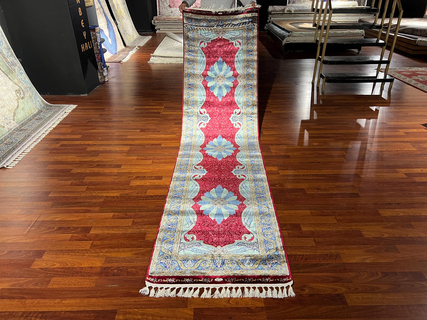 3x10 Red Silk Runner Rug, Turkish Area Rug, Floral Medallion Rug, Luxury Hallway Carpet