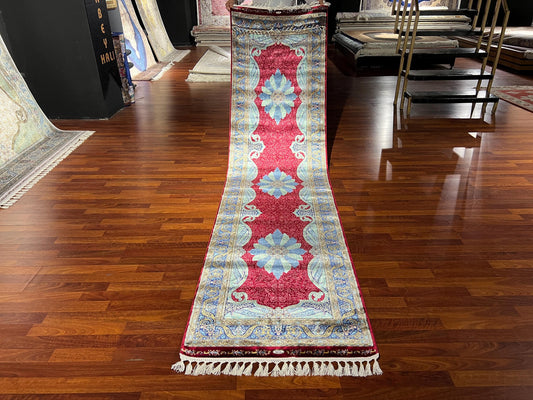 3x10 Red Silk Runner Rug, Turkish Area Rug, Floral Medallion Rug, Luxury Hallway Carpet