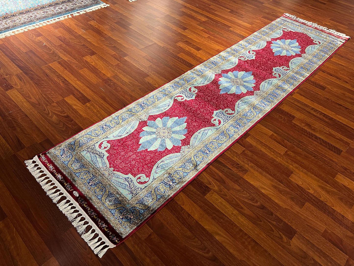 3x10 Red Silk Runner Rug, Turkish Area Rug, Floral Medallion Rug, Luxury Hallway Carpet