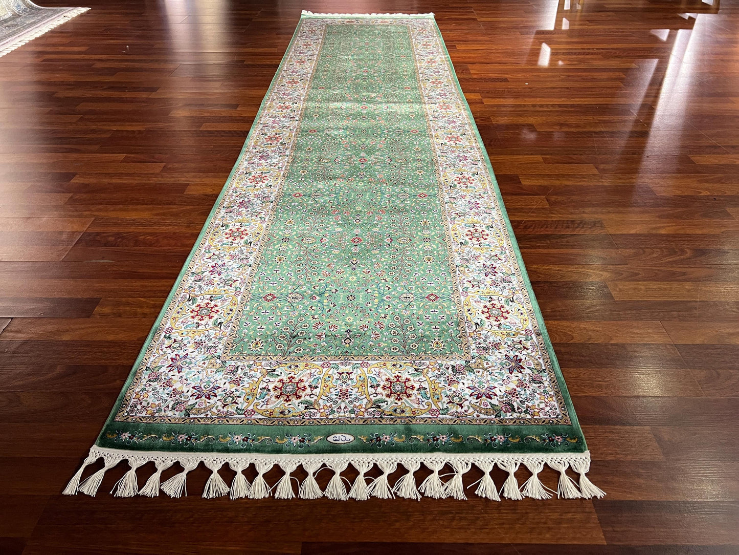 3x10 Green Silk Runner Rug, Turkish Area Rug, Floral Pattern Rug, Luxury Hallway Carpet