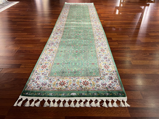 3x10 Green Silk Runner Rug, Turkish Area Rug, Floral Pattern Rug, Luxury Hallway Carpet