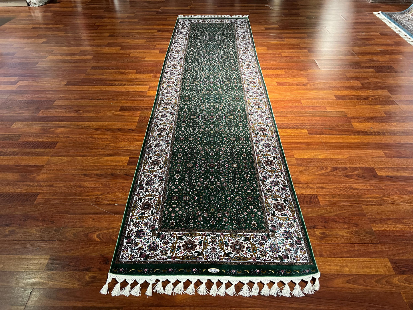 3x10 Green Silk Runner Rug, Turkish Area Rug, Floral Pattern Rug, Luxury Hallway Carpet
