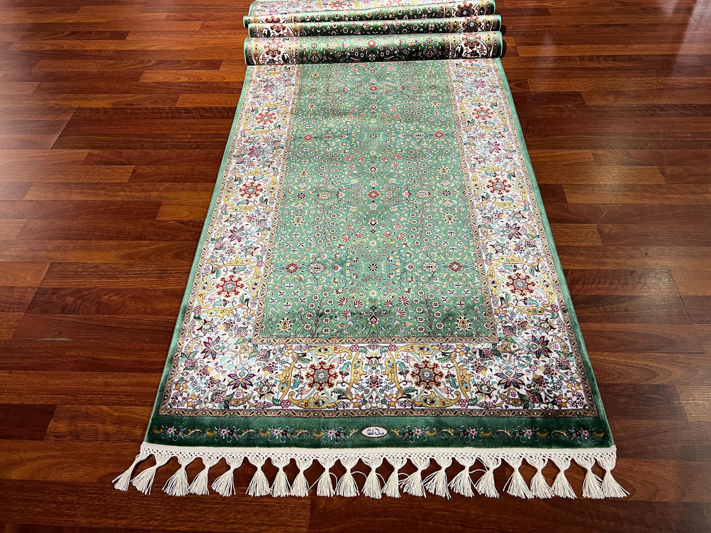 3x10 Green Silk Runner Rug, Turkish Area Rug, Floral Pattern Rug, Luxury Hallway Carpet