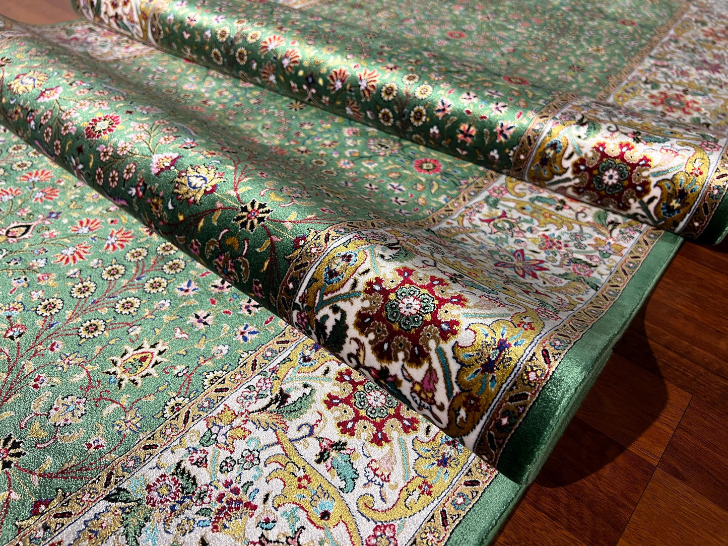 3x10 Green Silk Runner Rug, Turkish Area Rug, Floral Pattern Rug, Luxury Hallway Carpet