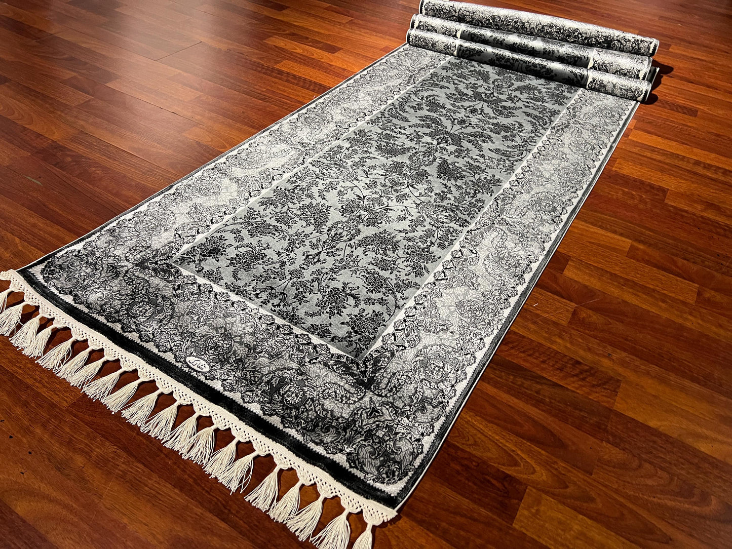 3x10 Gray Silk Runner Rug, Turkish Area Rug, Vintage Floral Rug, Luxury Hallway Carpet