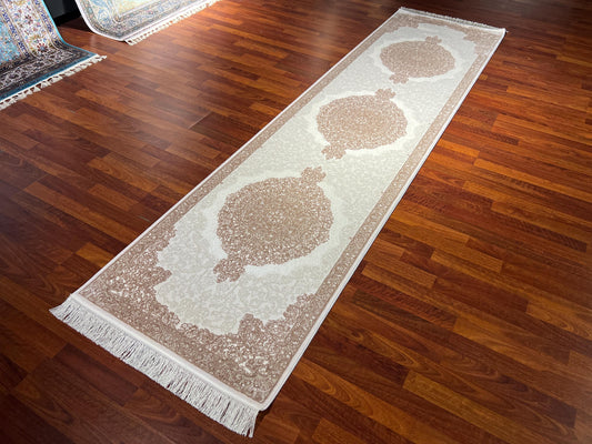 3x10 Bamboo Silk Runner Rug, Beige Area Rug, Turkish Runner Rug, Luxury Hallway Carpet