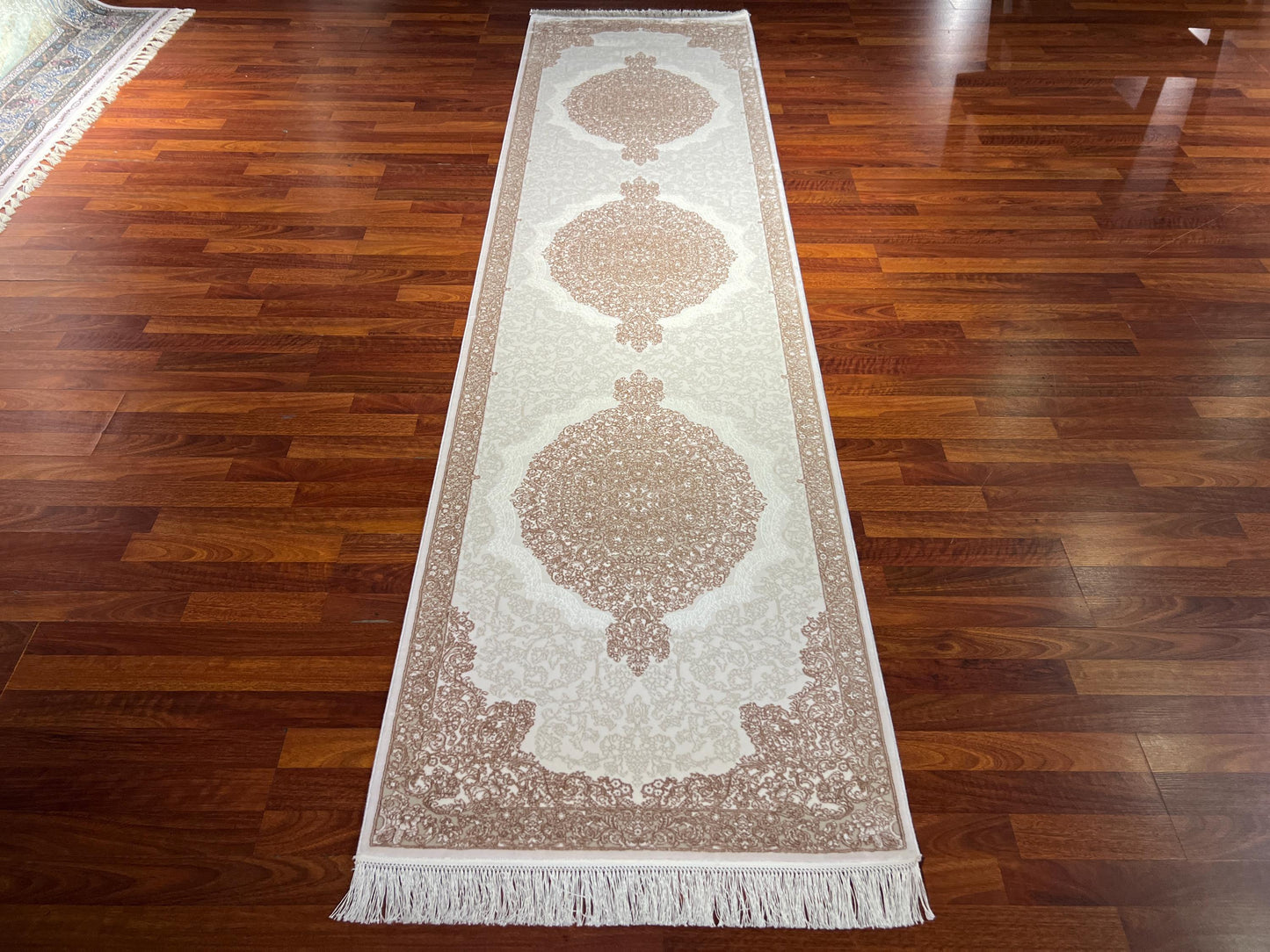 3x10 Bamboo Silk Runner Rug, Beige Area Rug, Turkish Runner Rug, Luxury Hallway Carpet