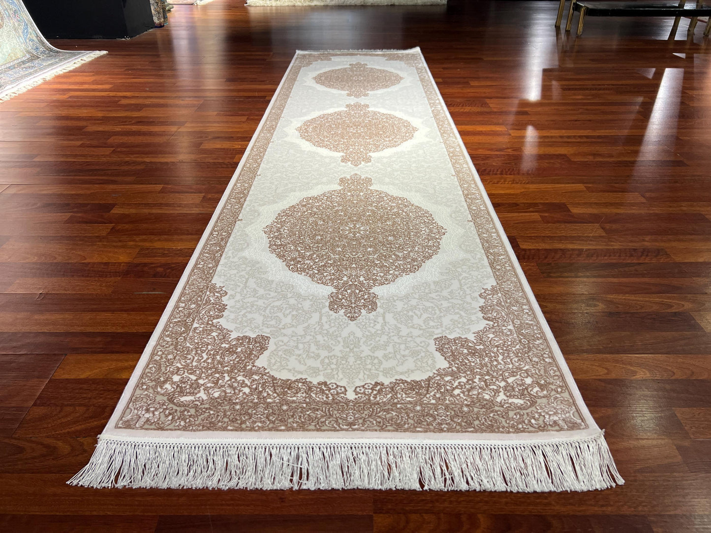 3x10 Bamboo Silk Runner Rug, Beige Area Rug, Turkish Runner Rug, Luxury Hallway Carpet