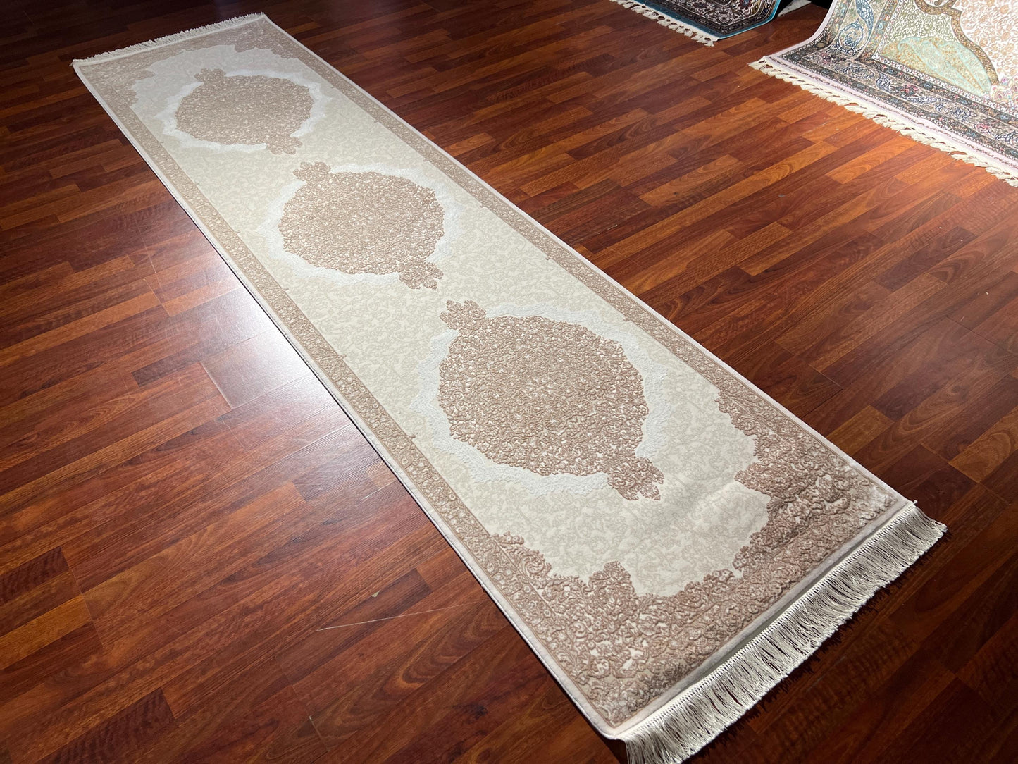 3x10 Bamboo Silk Runner Rug, Beige Area Rug, Turkish Runner Rug, Luxury Hallway Carpet