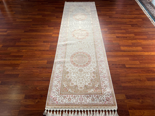 3x10 Bamboo Silk Runner Rug, Beige Medallion Rug, Turkish Area Rug, Luxury Hallway Carpet