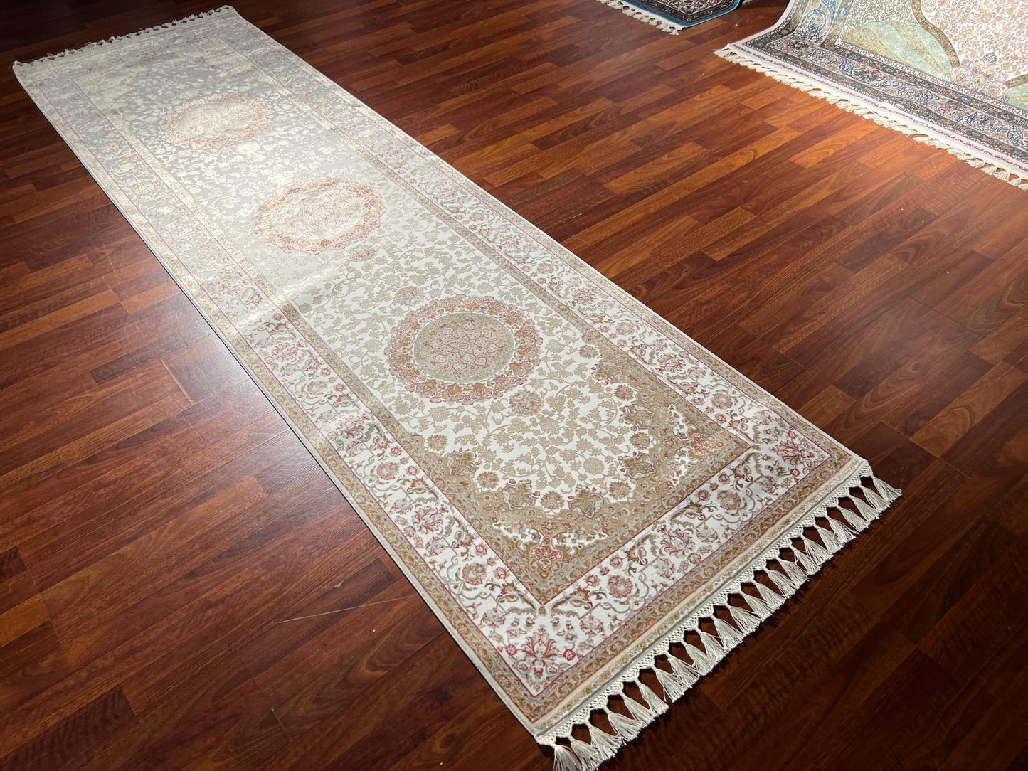 3x10 Bamboo Silk Runner Rug, Beige Medallion Rug, Turkish Area Rug, Luxury Hallway Carpet