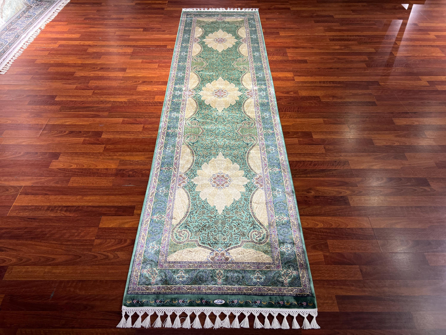 3x10 Green Silk Runner Rug, Turkish Area Rug, Floral Medallion Carpet, Hallway Rug