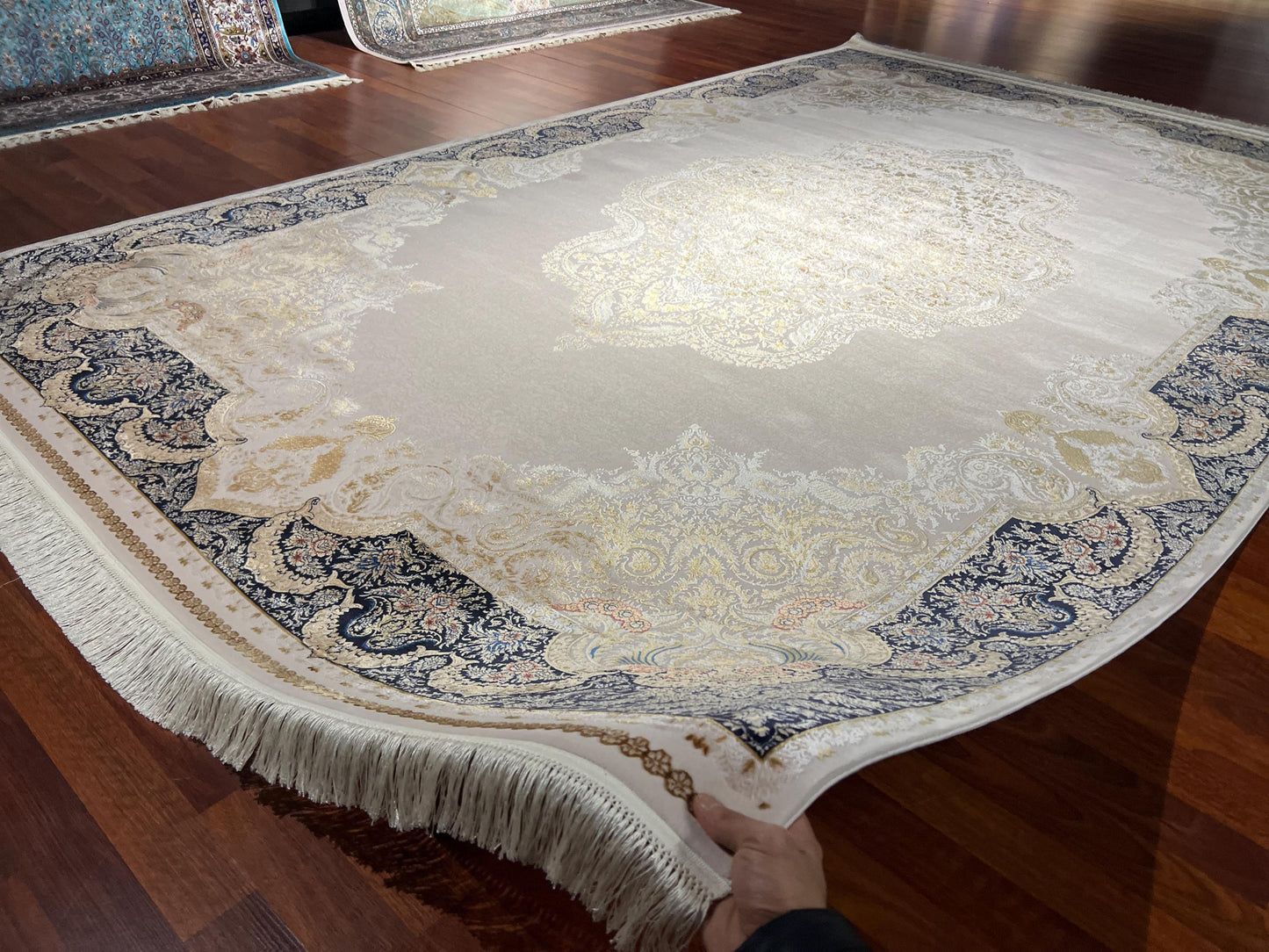 7x10 Classic Silk Rug, Beige Blue Elegant Area Rug, Luxury Silk Carpet, Ornamental Living Room Rug